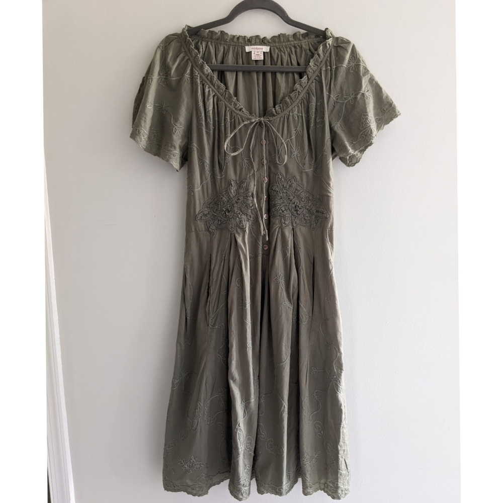 Sundance Embroided festival fairy dress olive green 100% cotton M 8 10